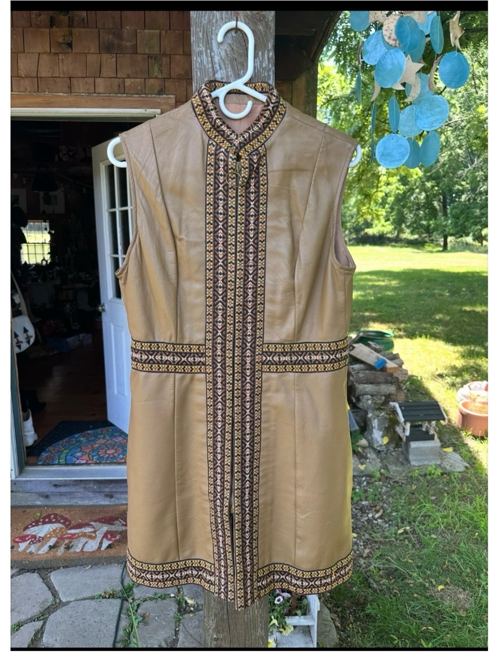 Vintage 70s Tan Leather Embroidered Mini Dress